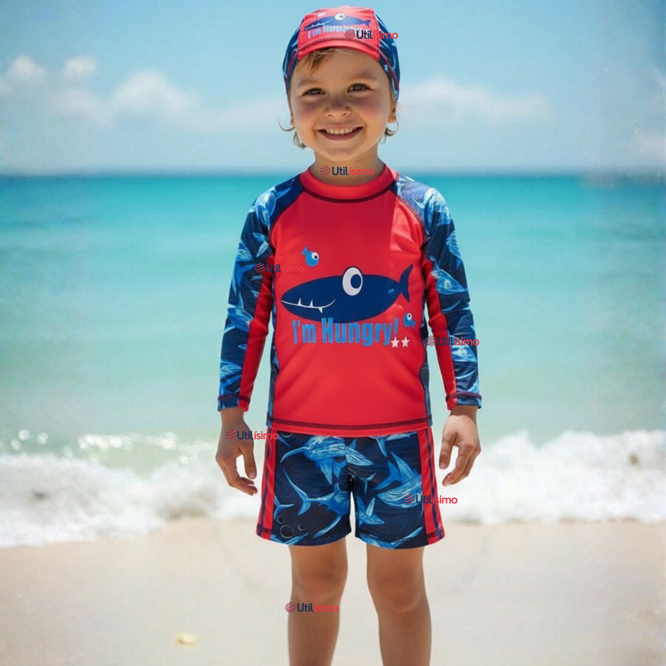 Traje de Baño Con Gorro Pantalón Corto Manga Larga 3 Piezas Corte Split Niño 1 a 5 años Red Whale