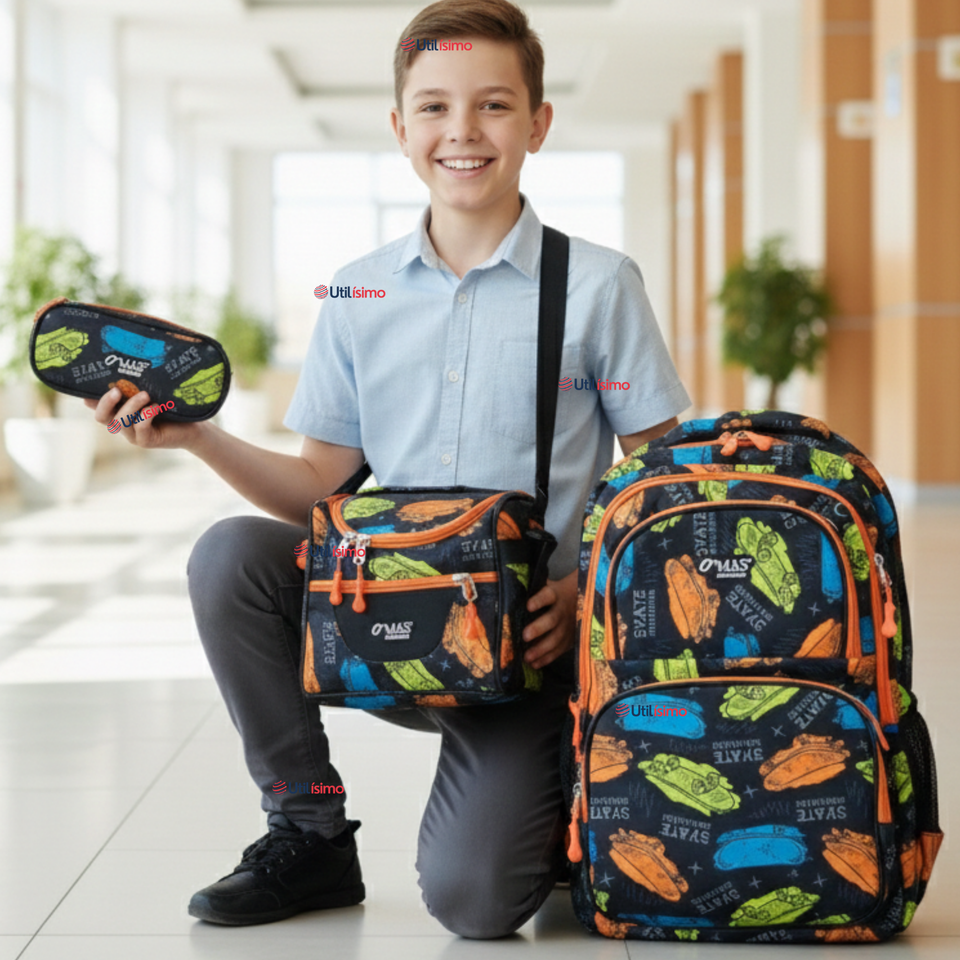 Mochila Bolso Escolar + Lonchera + Estuche 45Cm Niño Tela Oxford Skate