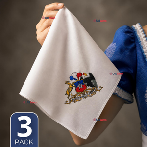 Pack 3 Pañuelos Baile Cueca 36cm Bordado Escudo Chileno Algodón Fiestas Patrias