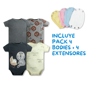 Pack 4 Unidades Extensor Body Bebé +Pack 4 Bodys Algodón Niño Manga Corta Raya Gris