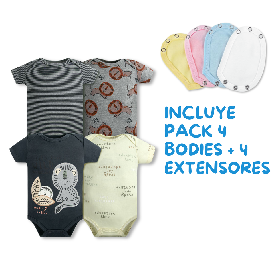 Pack 4 Unidades Extensor Body Bebé +Pack 4 Bodys Algodón Niño Manga Corta Raya Gris