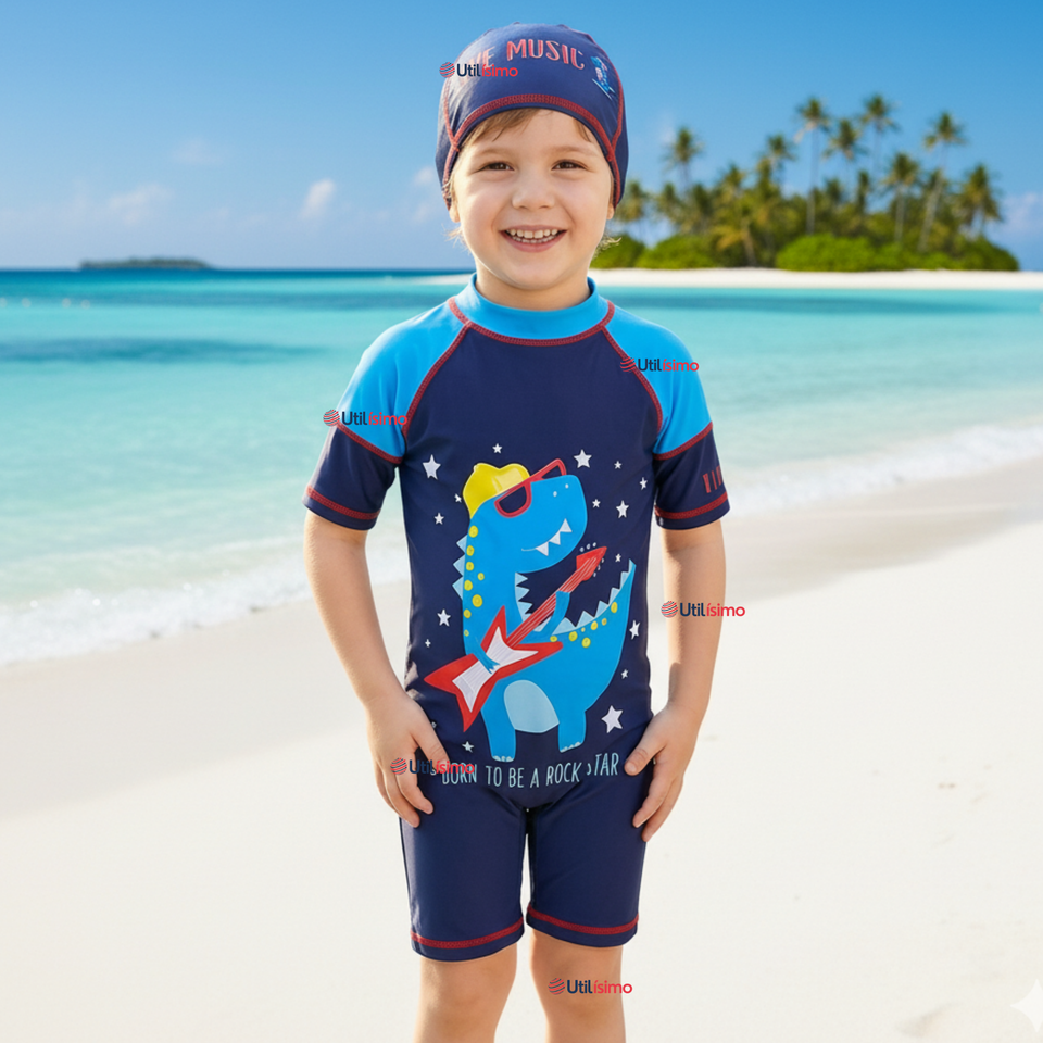 Traje de Baño Enterito Cremallera Manga Corta Con Gorro Niño 2 a 4 años Blue Dinosaur