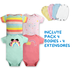 Pack 4 Unidades Extensor Body Bebé +Pack 4 Bodys Algodón Niña Manga Corta Arcoiris
