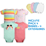 Pack 4 Unidades Extensor Body Bebé +Pack 4 Bodys Algodón Niña Manga Corta Arcoiris