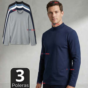 Pack 3 Camisetas Poleras Bambú Primera Capa Cuello Beatle Manga Larga Colores Surtidos Hombre