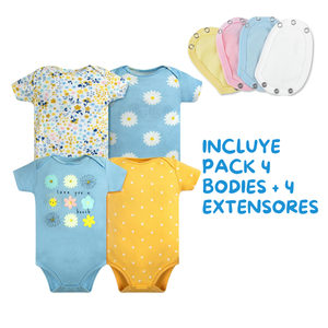 Pack 4 Unidades Extensor Body Bebé +Pack 4 Bodys Algodón Niña Manga Corta Girasoles Amarillo