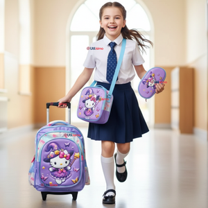 Mochila Hello Kitty Escolar Con Ruedas + Estuche + Lonchera Desmontable Poliéster Lila Niña