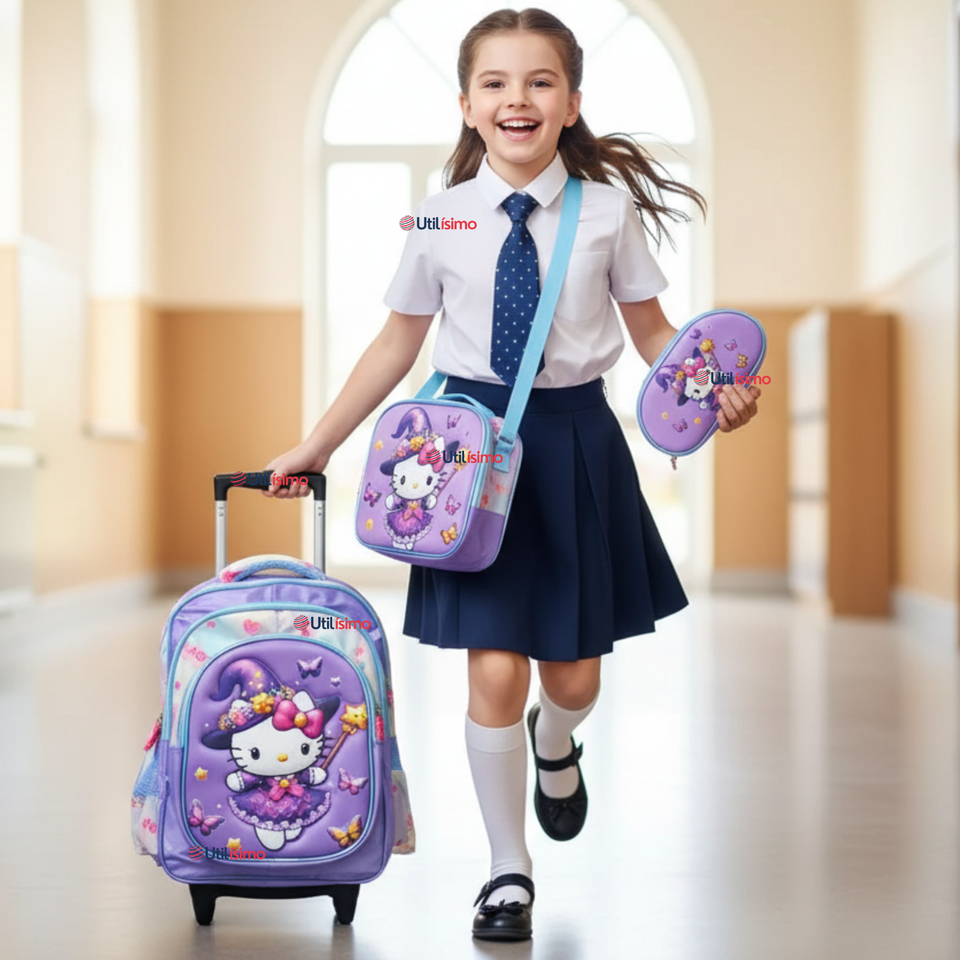 Mochila Hello Kitty Escolar Con Ruedas + Estuche + Lonchera Desmontable Poliéster Lila Niña