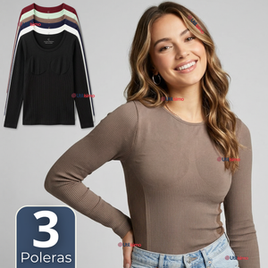 Pack 3 Camisetas Poleras Polar Primera Capa Acanalada Reductora Manga Larga Colores Surtidos Mujer