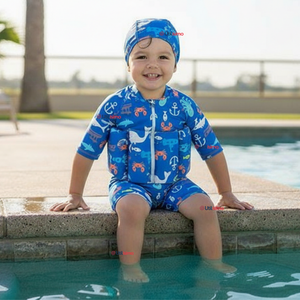Traje de Baño Flotador Enterito Con Gorro Niño 2 Piezas 9 a 36 Meses Blue Sea