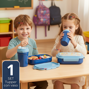 Set Fiambrera Tupper + Vaso Para Niños y Niñas Colores Varios Infantiles