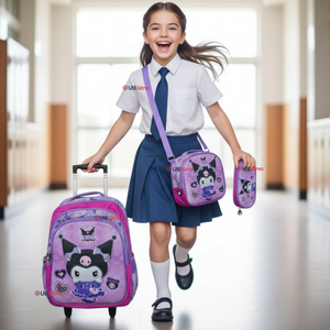 Mochila Kuromi Escolar Con Ruedas + Estuche + Lonchera Desmontable Poliéster Lila Niña