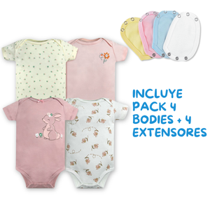 Pack 4 Unidades Extensor Body Bebé +Pack 4 Bodys Algodón Niña Manga Corta Conejos Rosa
