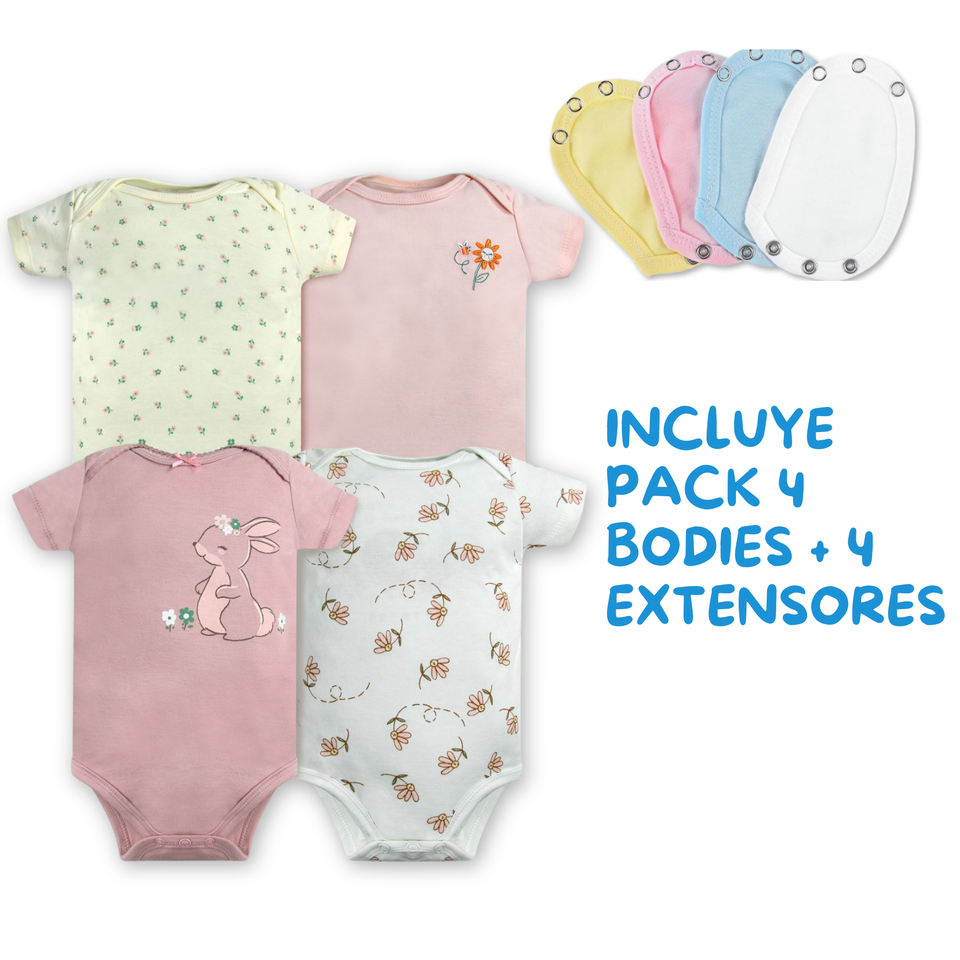 Pack 4 Unidades Extensor Body Bebé +Pack 4 Bodys Algodón Niña Manga Corta Conejos Rosa