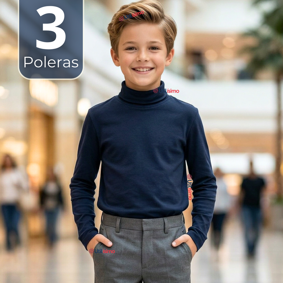 Pack 3 Poleras Camisetas Polar Azul Oscuro Primera Capa Beatle Manga Larga Niño