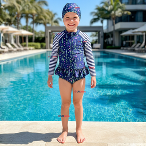 Traje de Baño Enterito Cremallera Manga Larga Con Gorro Niña 1 a 8 años Blue Flowers