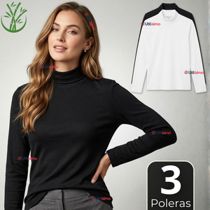 Pack 3 Camisetas Poleras Bambú Primera Capa Cuello Beatle Manga Larga Blanco Negro Mujer