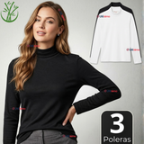 Pack 3 Camisetas Poleras Bambú Primera Capa Cuello Beatle Manga Larga Blanco Negro Mujer