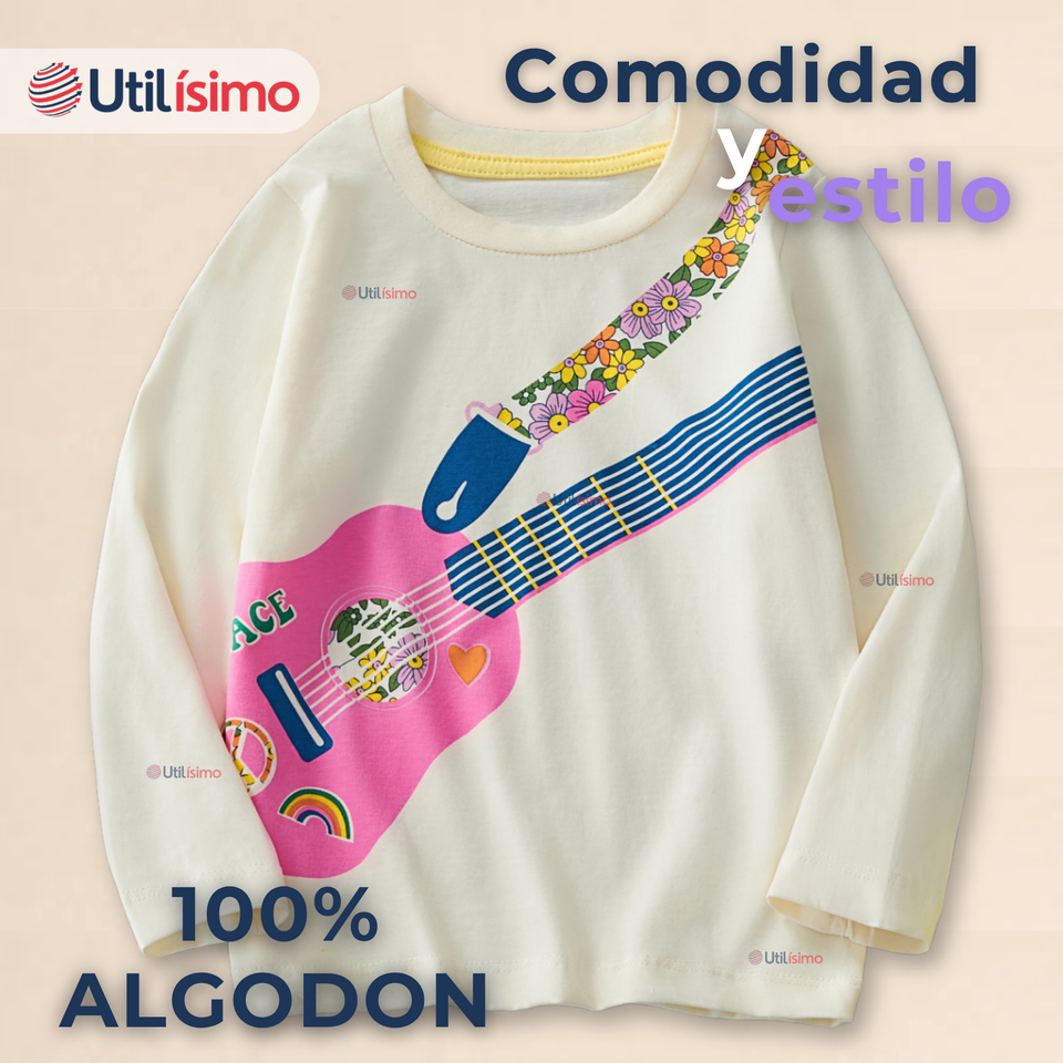 Polera Manga Larga Niña 100% Algodón Guitarra Blanco Camiseta