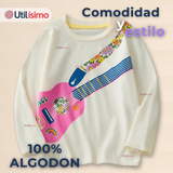 Polera Manga Larga Niña 100% Algodón Guitarra Blanco Camiseta