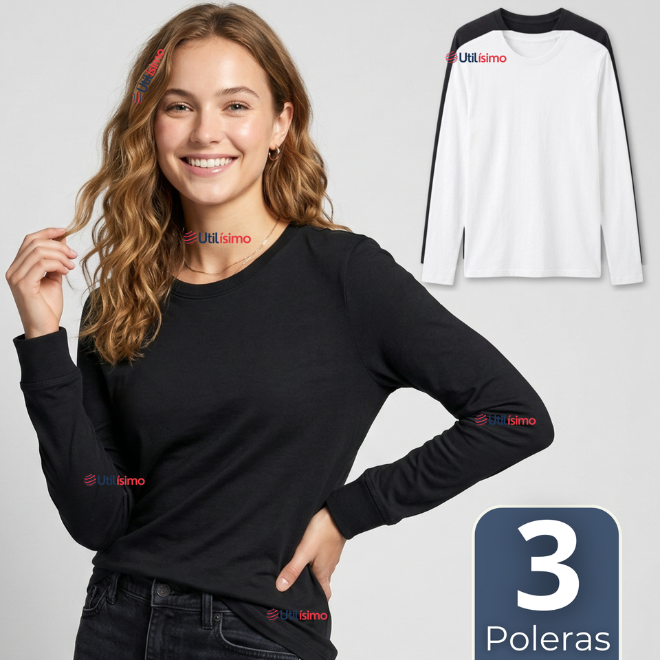 Pack 3 Camisetas Poleras Bambú Primera Capa Manga Larga Blanco Negro Mujer