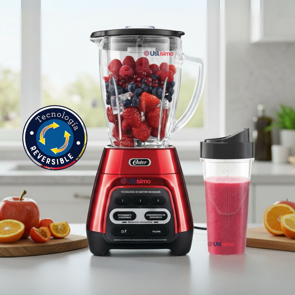 Licuadora Oster® roja con programas automáticos, tecnología reversible y vaso Blend-N-Go BLSTPYG1310RBG