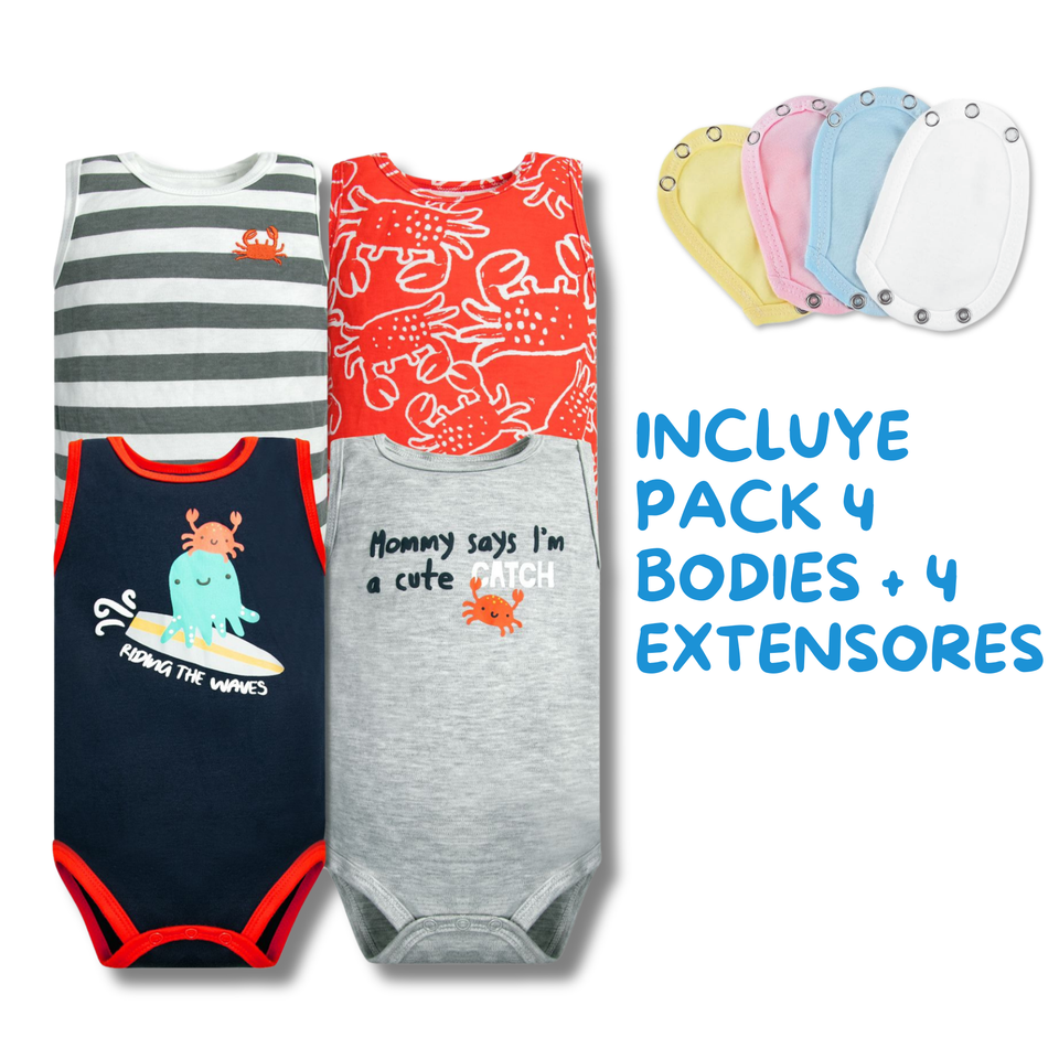 Pack 4 Unidades Extensor Body Bebé + Pack 4 Bodys Algodón Niño Sin Manga Cangrejo Rojo