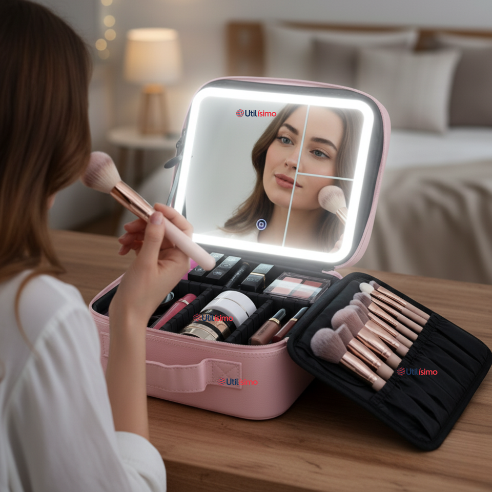 Estuche Maquillaje 2 en 1 Bolso Cosmetiquero Espejo Con Luz Led Organizador