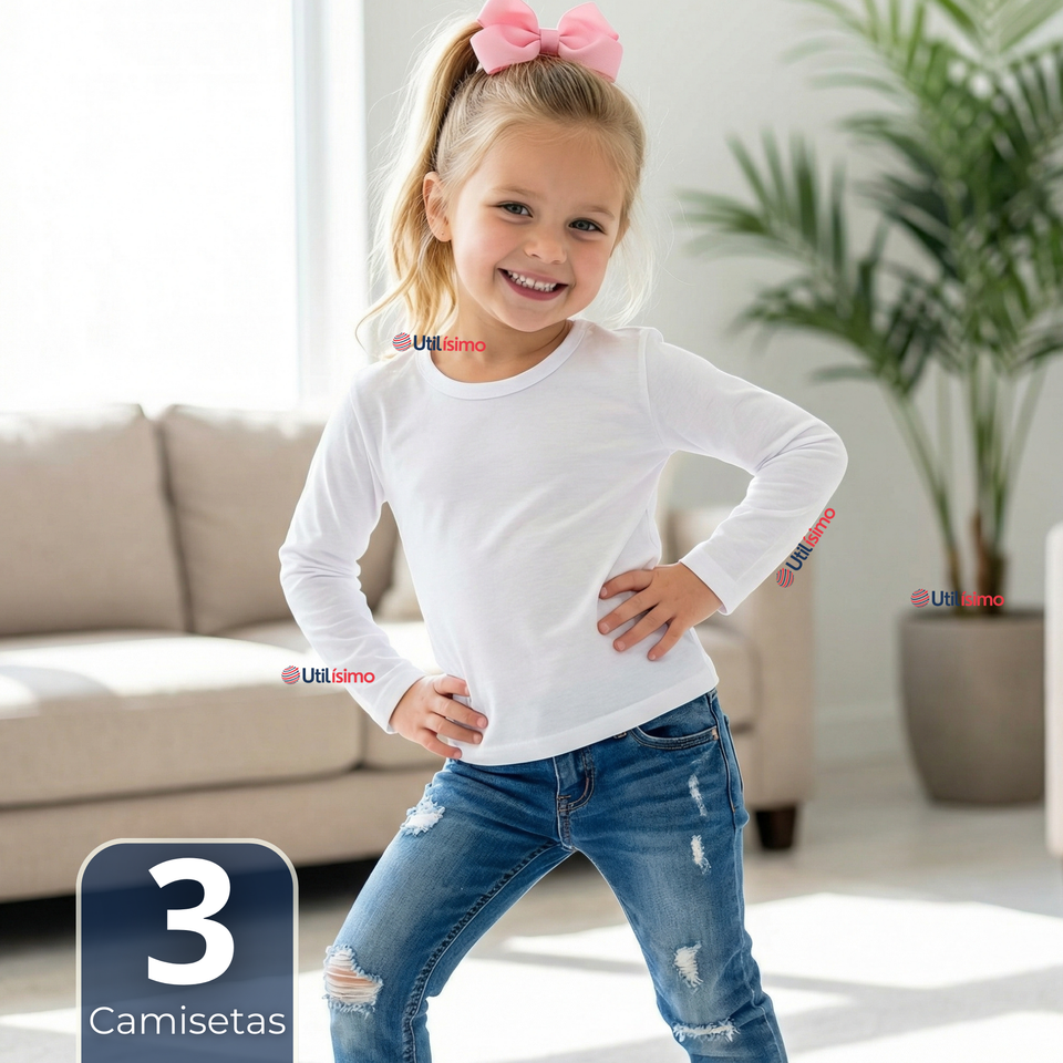 Pack 3 Camisetas Algodón Manga Larga Polera Primera Capa Blanco Niña