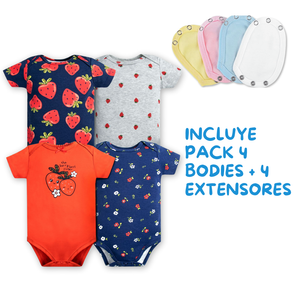 Pack 4 Unidades Extensor Body Bebé +Pack 4 Bodys Algodón Niña Manga Corta Rojo Fresa