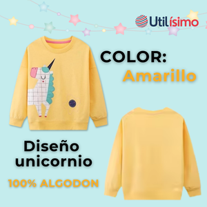 Polerón Algodón Cuello Redondo Niña Amarillo Unicornio