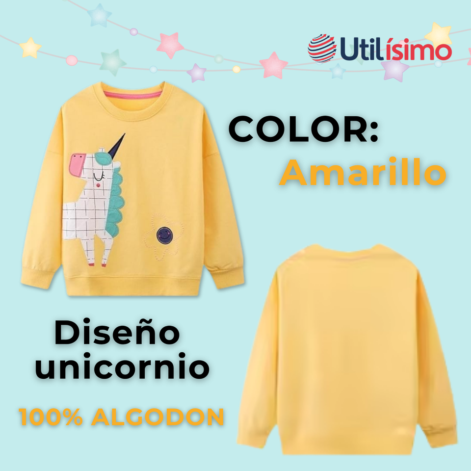 Polerón Algodón Cuello Redondo Niña Amarillo Unicornio