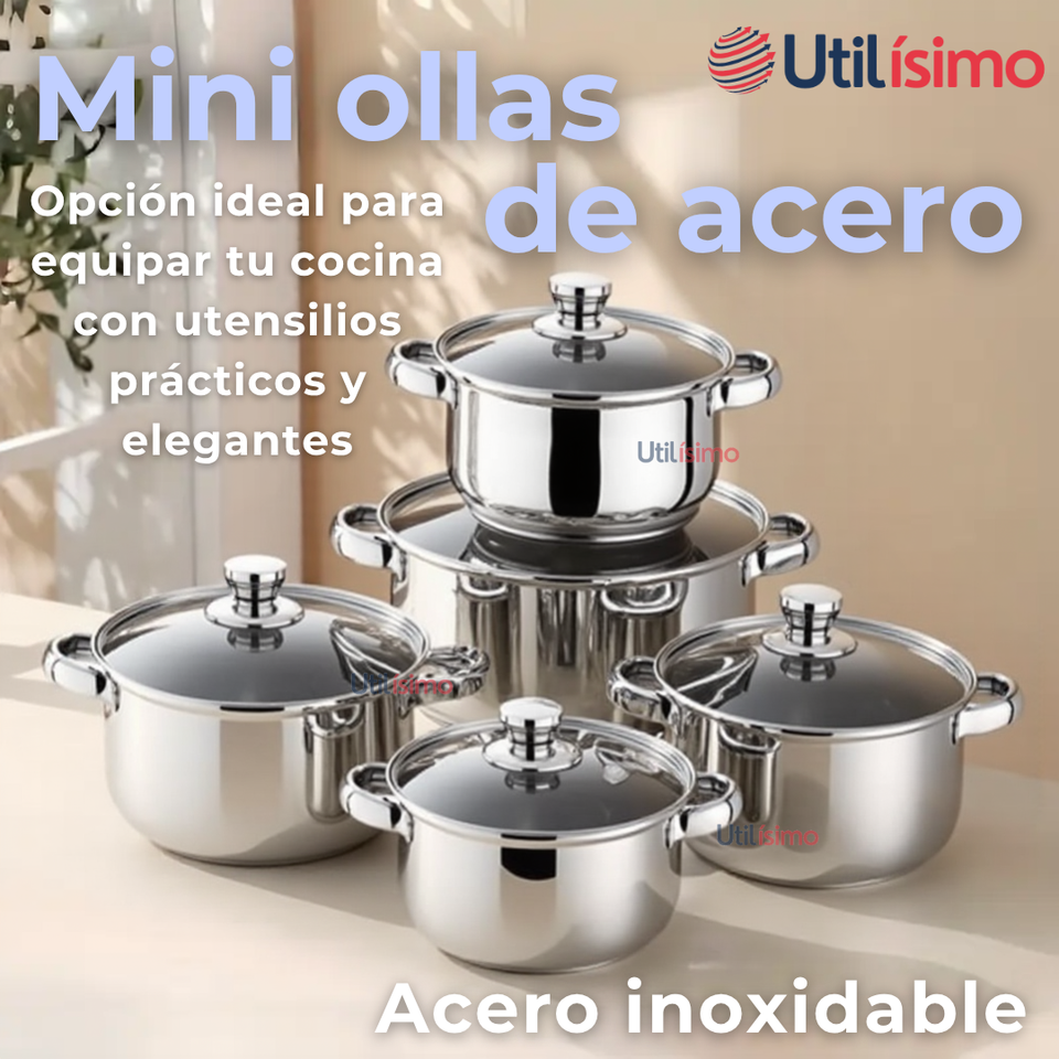 Mini Batería de Cocina 10 Piezas de Acero Inoxidable con Tapa de Vidrio Templado
