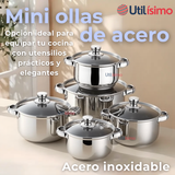 Mini Batería de Cocina 10 Piezas de Acero Inoxidable con Tapa de Vidrio Templado