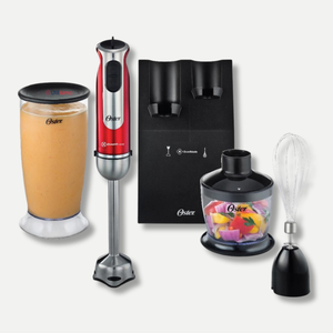 Batidora de inmersión Oster® roja con organizador y accesorios