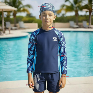 Traje de Baño Con Gorro Pantalón Corto Manga Larga 3 Piezas Corte Split Niño 2 a 8 años Blue