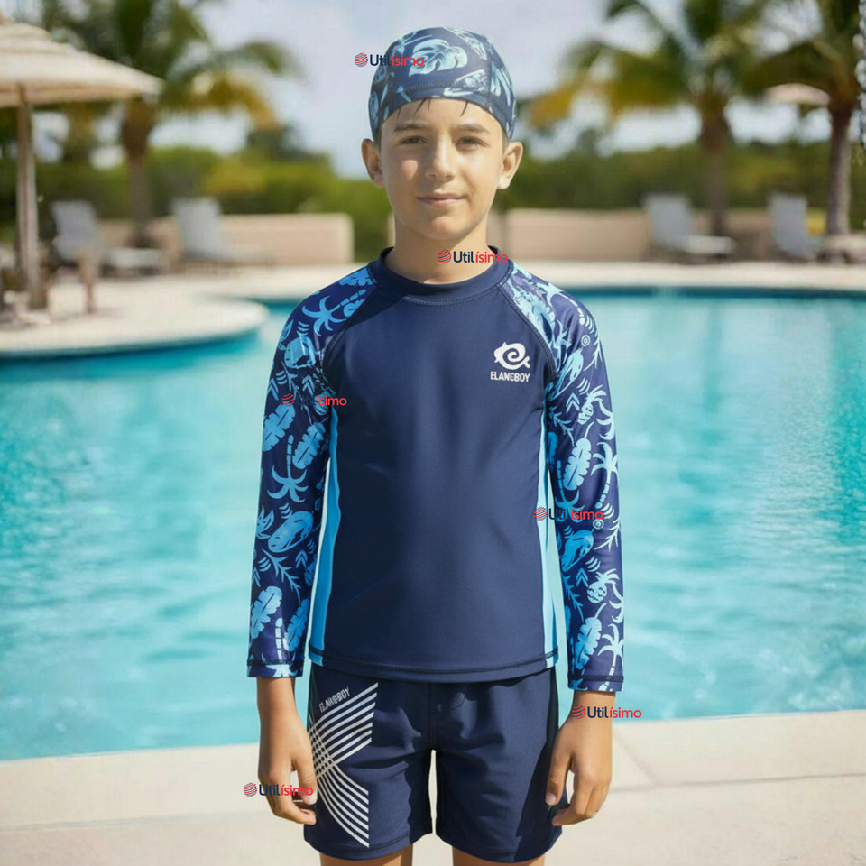 Traje de Baño Con Gorro Pantalón Corto Manga Larga 3 Piezas Corte Split Niño 2 a 8 años Blue