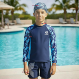 Traje de Baño Con Gorro Pantalón Corto Manga Larga 3 Piezas Corte Split Niño 2 a 8 años Blue