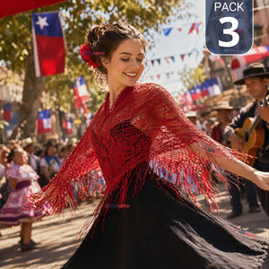 Pack 3 Puntillas Chal Rojo Baile Chilote Mujer Traje Típico 150x79 cm