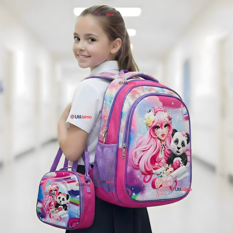 Mochila Bolso Escolar Diseño 3D + Estuche + Lonchera 40Cm Niña Tela Oxford Friends Forever