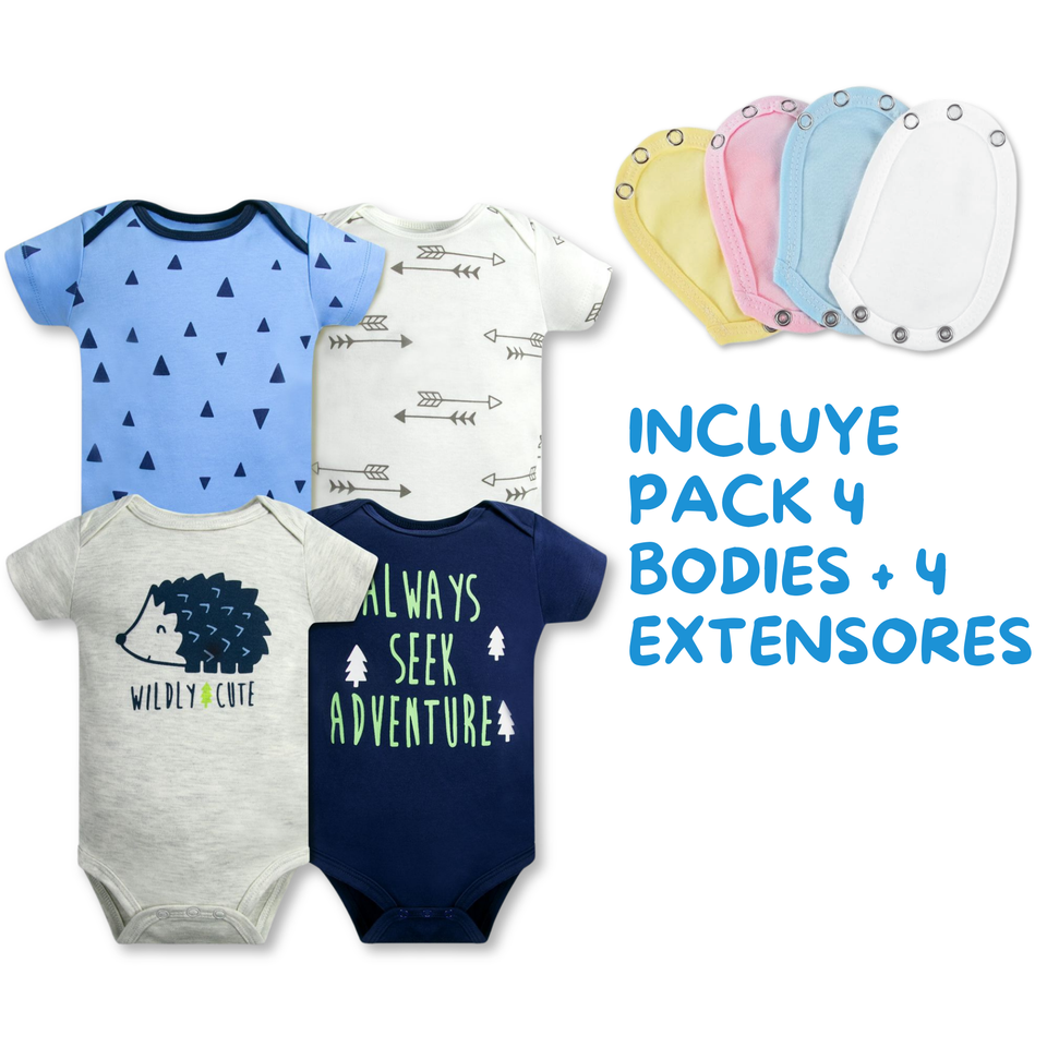 Pack 4 Unidades Extensor Body Bebé +Pack 4 Bodys Algodón Niño Manga Corta Puercoespin Azul