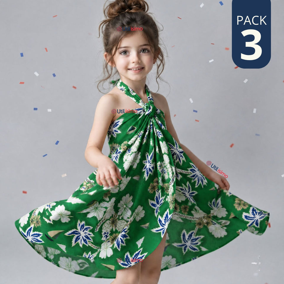 Pack 3 Pareos Pascuense Niña Hawaiano Verde Danza Fiestas Patrias