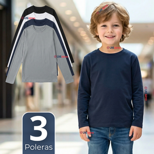 Pack 3 Poleras Camisetas Polar Primera Capa Cuello Redondo Manga Larga Colores Surtido Niño