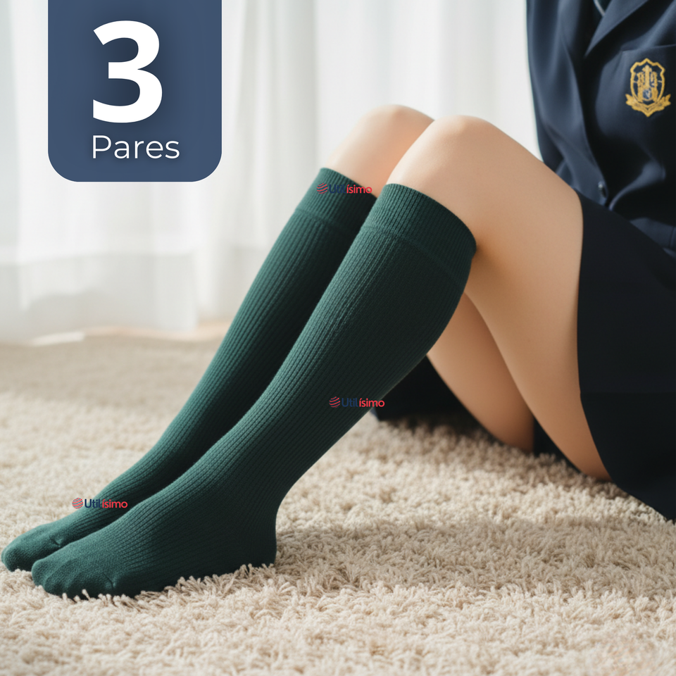 Pack 3 Calcetínes Escolares Largo Acrílico Verde Niñas Juvenil