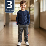 Pack 3 Poleras Camisetas Polar Azul Primera Capa Escolar Cuello Redondo Manga Larga Niño