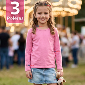 Pack 3 Camisetas Poleras Bambú Cuello Redondo Rosado Oscuro Primera Capa Manga Larga Niña