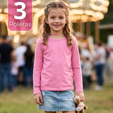 Pack 3 Camisetas Poleras Bambú Cuello Redondo Rosado Oscuro Primera Capa Manga Larga Niña