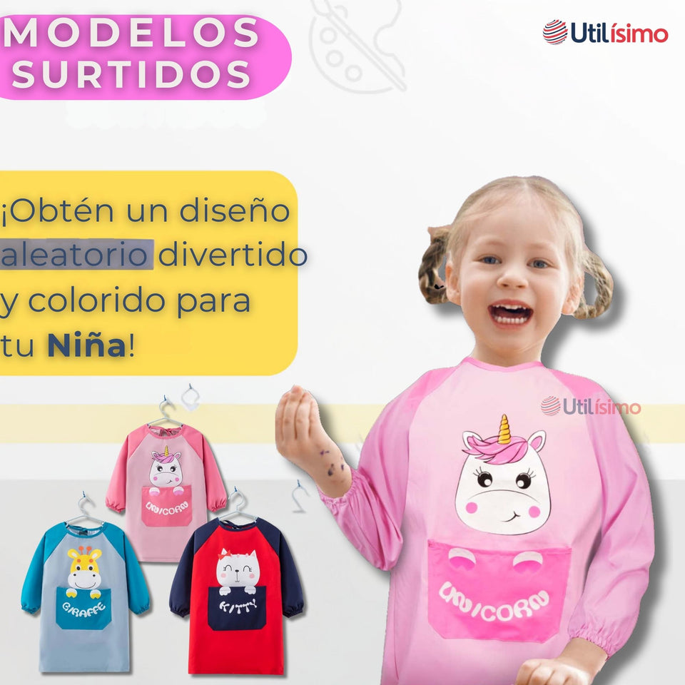 Pack 3 Delantal Infantil Niña Manga Larga Con Bolsillo Colores Surtidos