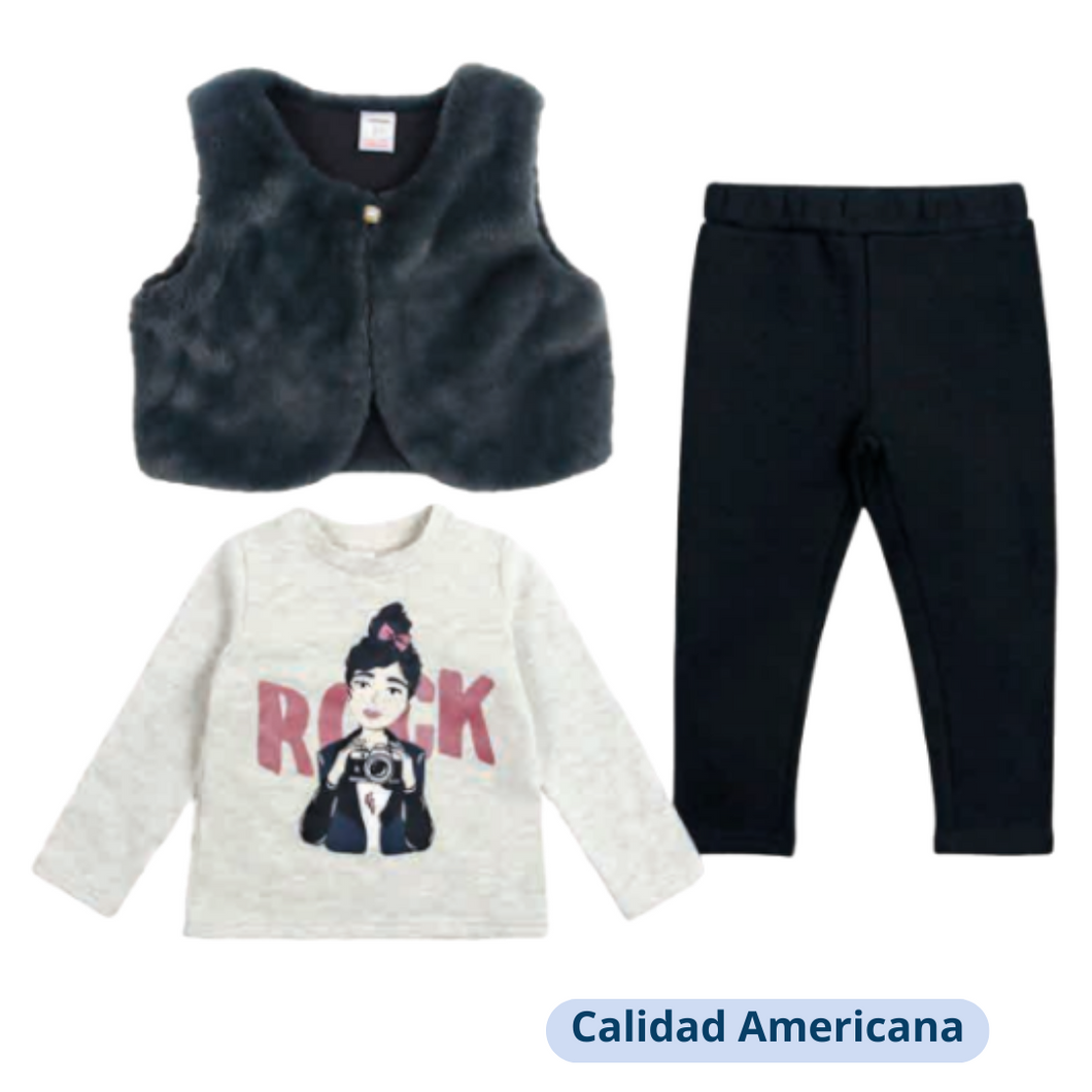 Set 3 Piezas con Chaleco para Niña Rock Negro Tedmimak 100% Algodón