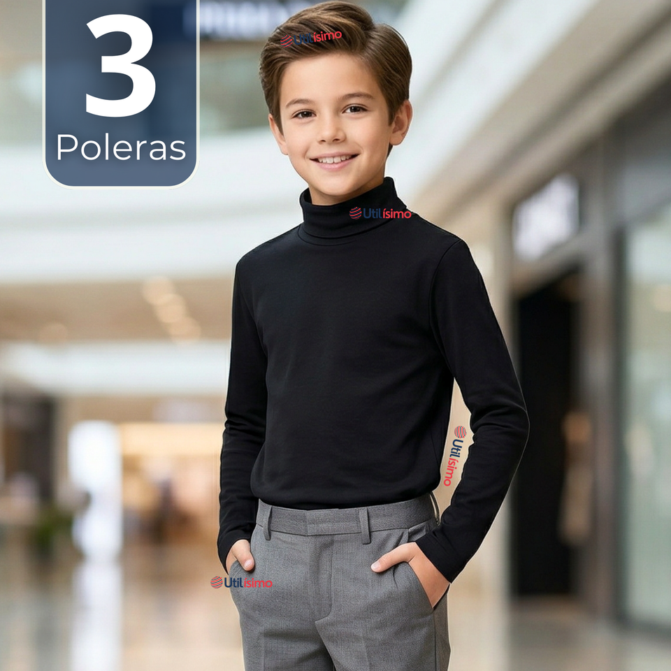 Pack 3 Poleras Camisetas Polar Negras Primera Capa Beatle Manga Larga Niño
